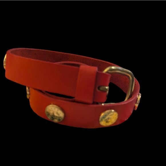 Women's Vintage‎ red leather belt with gold tone coins lux - Picture 4 of 7
